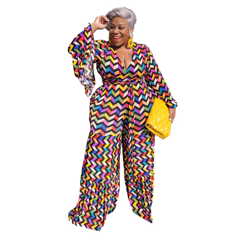 Plus Size Women Jumpsuit Tie Dye Print One Piece Outfit 2023 Spring Female Elegant Belt Jumpsuit Lady Designer Wide Leg Pant