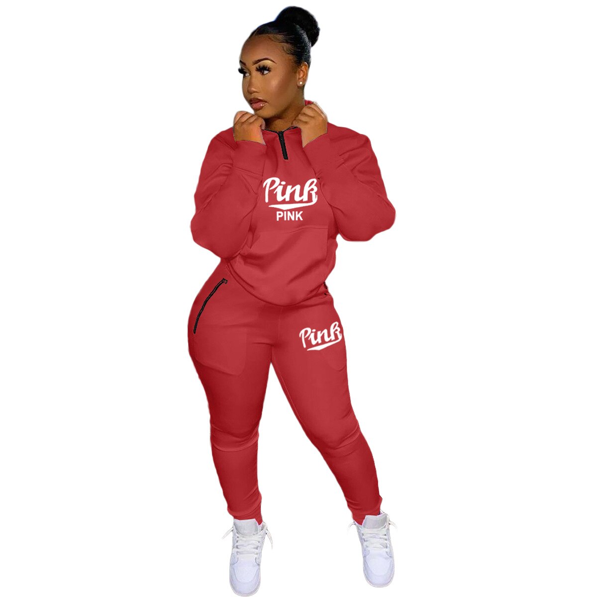 HLJ&amp;GG Winter Tracksuits Two Piece Sets Pink Letter Print Solid Casual Outfits Zip Sweatshirt + Pockets Pants Women Sweat Suits