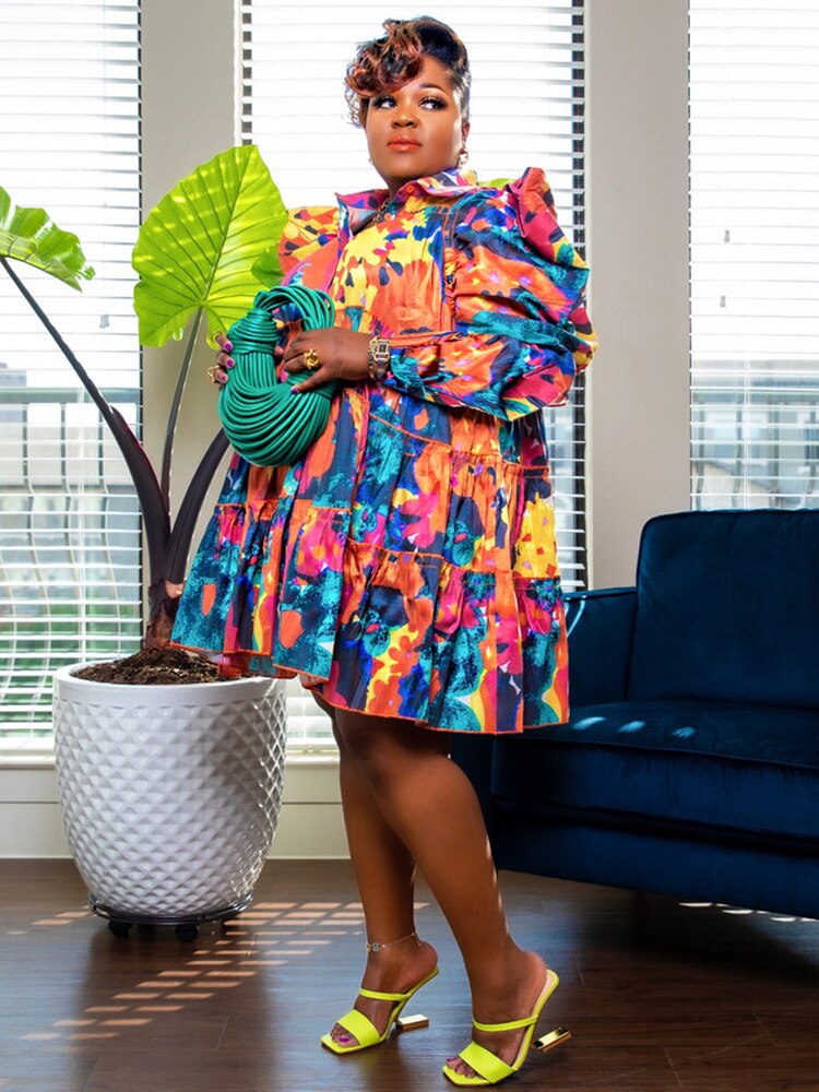 Wmstar Plus Size Dresses Women's Clothes Puff Long Sleeve Casual Printed Cute Ball Gown Shirts Midi Dress Wholesale Dropshipping