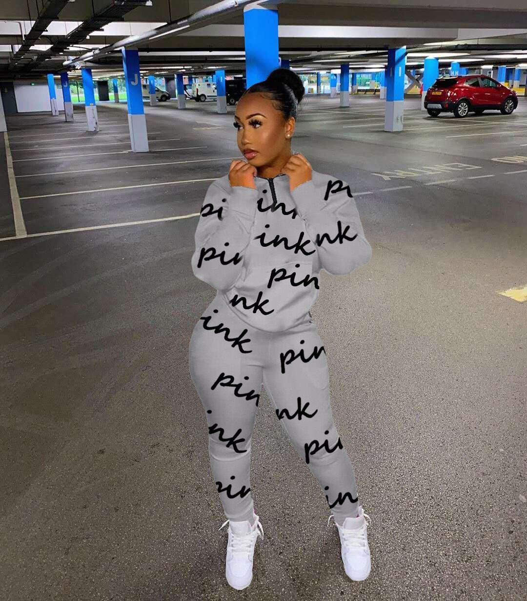 HLJ&amp;GG Winter Tracksuits Two Piece Sets Pink Letter Print Solid Casual Outfits Zip Sweatshirt + Pockets Pants Women Sweat Suits