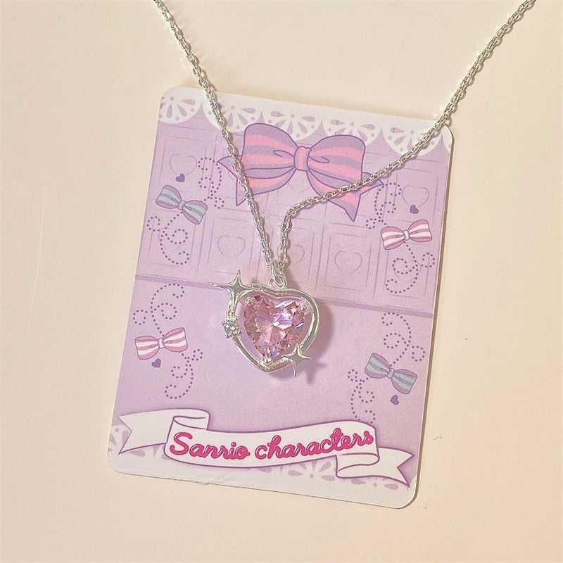 Fashion Peach Heart Water Drop Pendant Necklace Jewelry Pink Crystal Girl Sweet Cool Clavicle Chain Aesthetic Y2k Accessories
