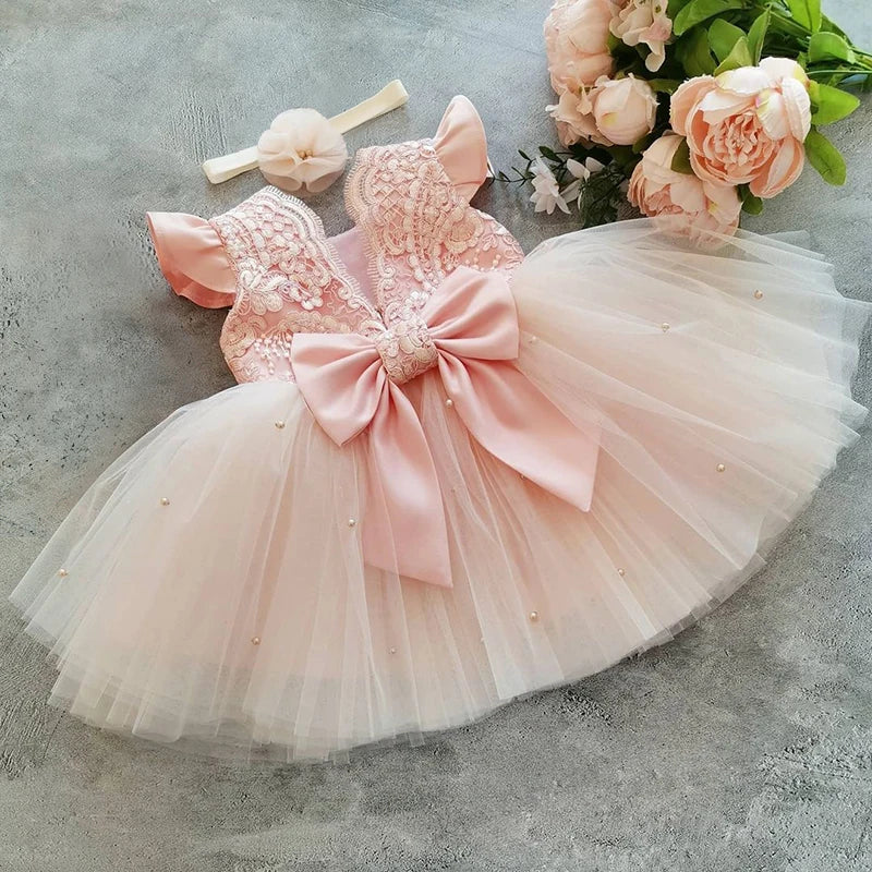 2023 Pink Elegant New Girl Princess Dresses For Kids Events Prom Costume Birthday Wedding Party Tulle Tutu Bow Girl Vestido 1-5T
