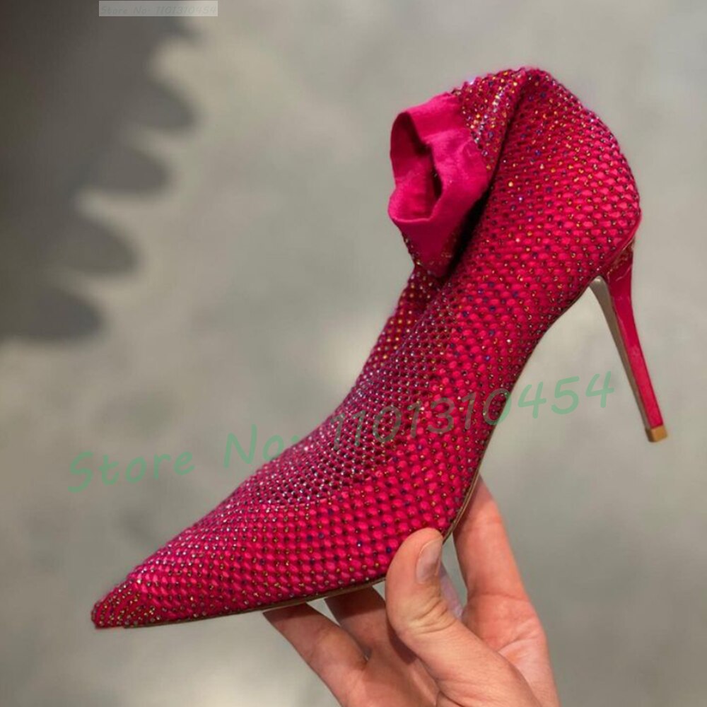 Crystal Mesh Stretch Ankle Boots Women New In Pointy Stiletto Heels Sparkly Hollow Shoes Designer Fashion Spring Chic Booties