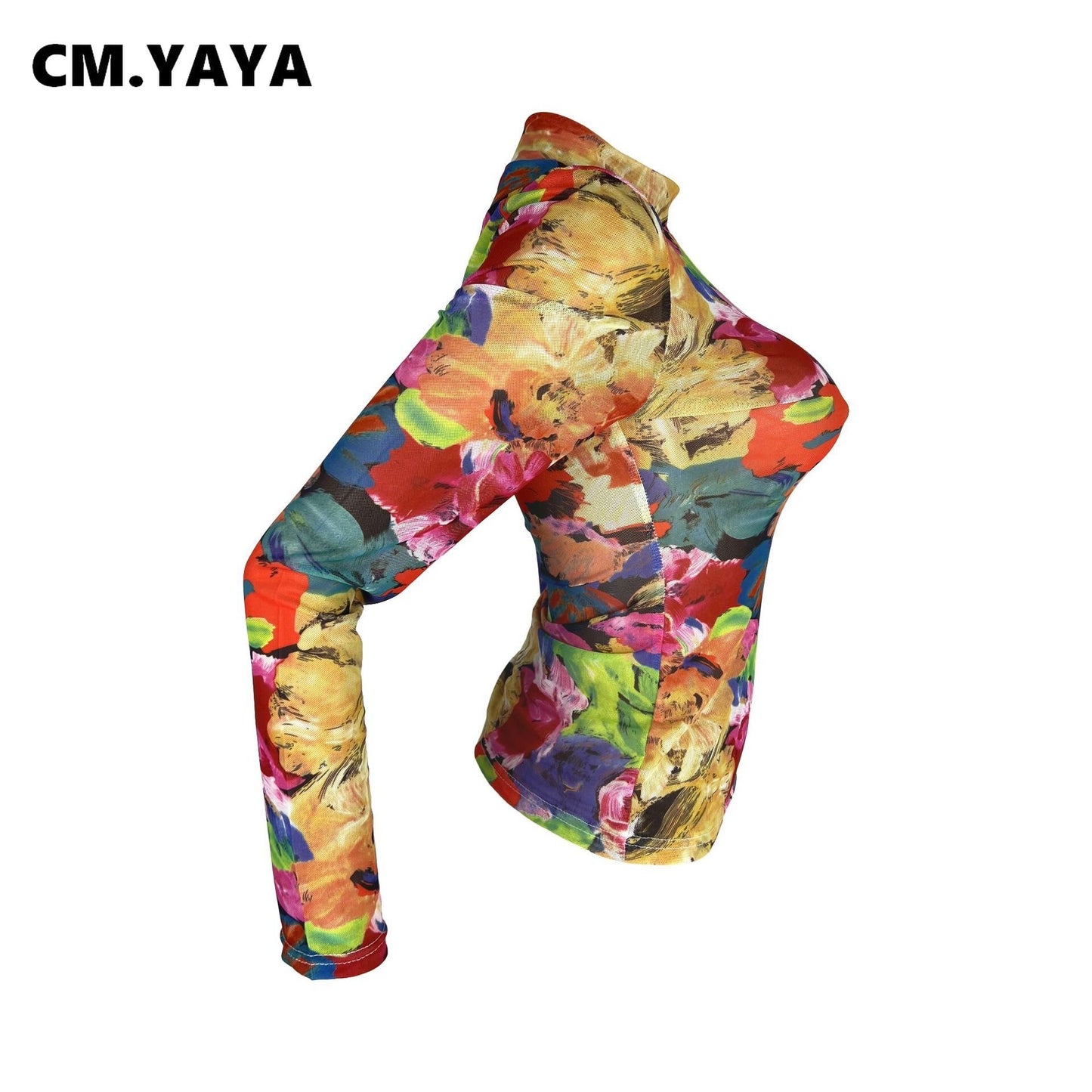 CM.YAYA Women Fashion Tie Dye Floral Printed Long Sleeve Mesh See Though Stretch T-shirt 2023 Street Classic Female Tee Tops