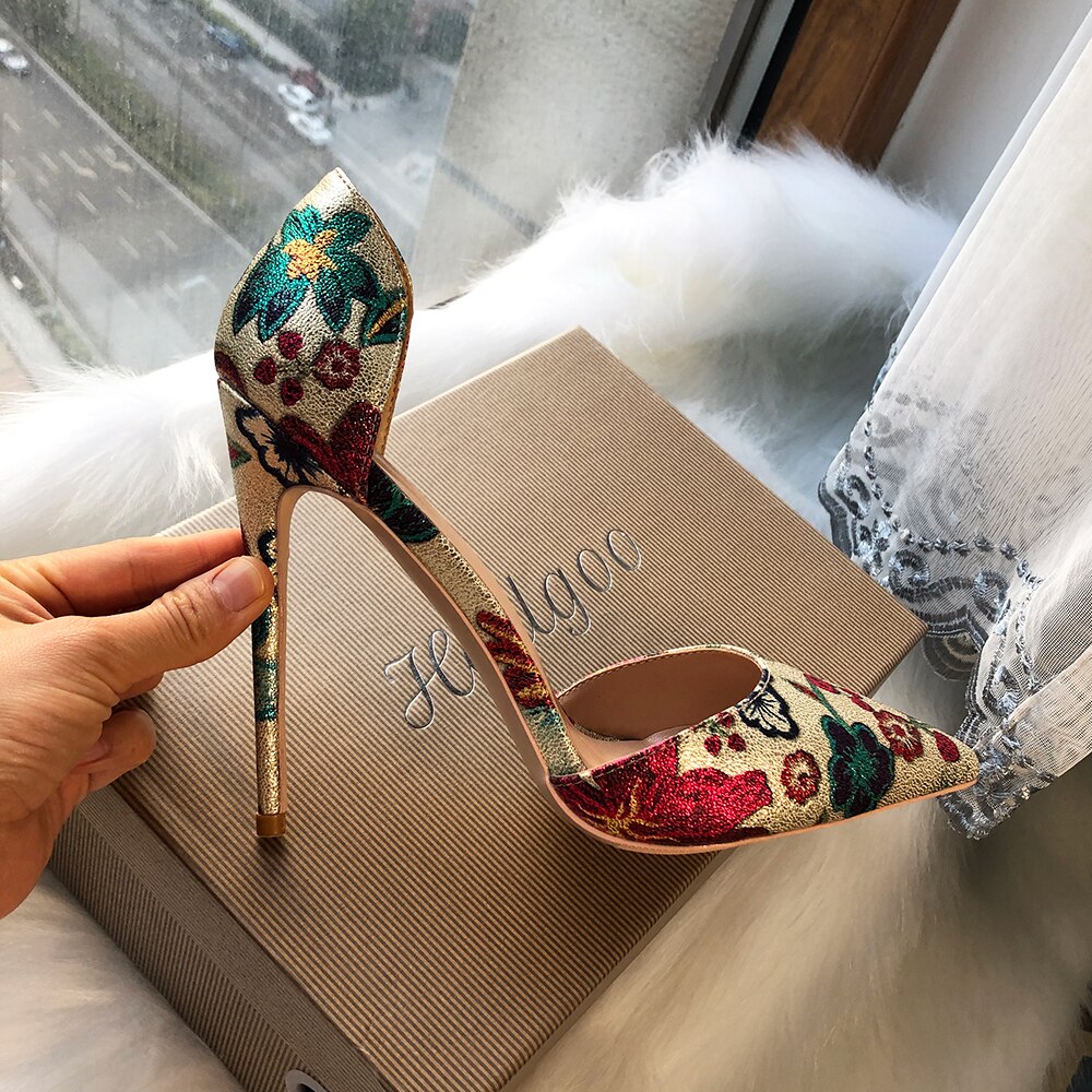 Heelgoo Flower Print Women Gold Pointy Toe D'Orsay High Heel Wedding Bridal Shoes Sexy Ladies Party Stiletto Pumps Size 33-46