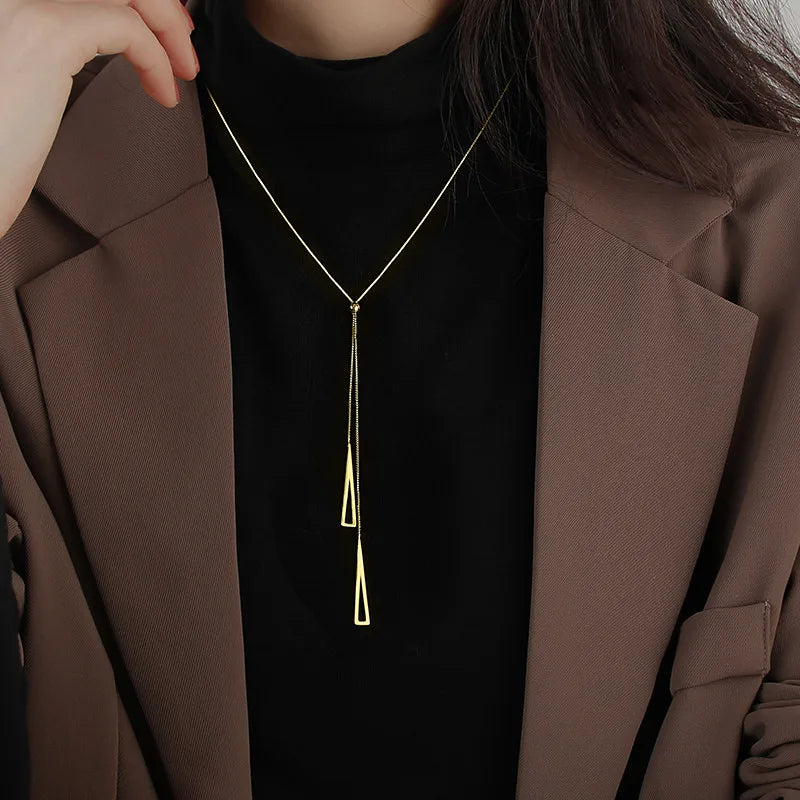 Tassel Necklace for Women Golden Silver Color Triangle Pendant Sweater Long Necklace Gift for Friend Fashion Neck Jewelry