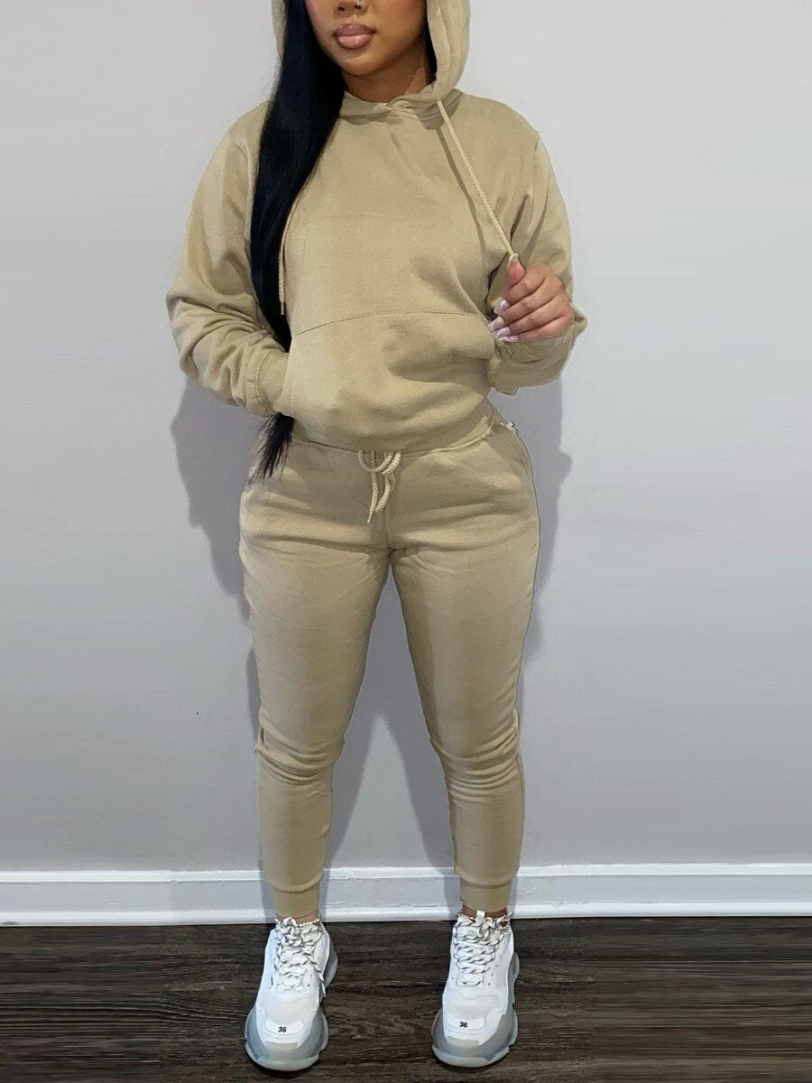 LW BASICS Hooded Collar Drawstring Tracksuit Set Two piece sets womens outifits Long Sleeve Lace-up Hooded Collar women sportswe