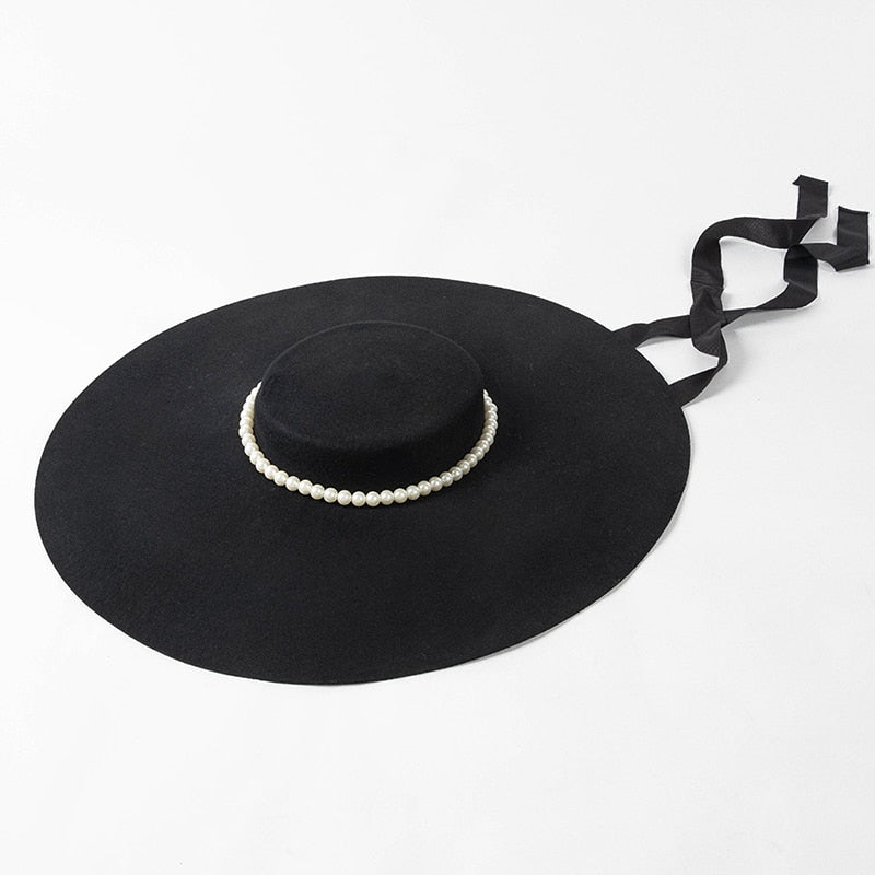Fashion Winter Ladies Wide Brim 100% Wool Luxury  Hats Wedding Hat Flat Top Fedora Hat For Women Church Hats French Elegant Cap