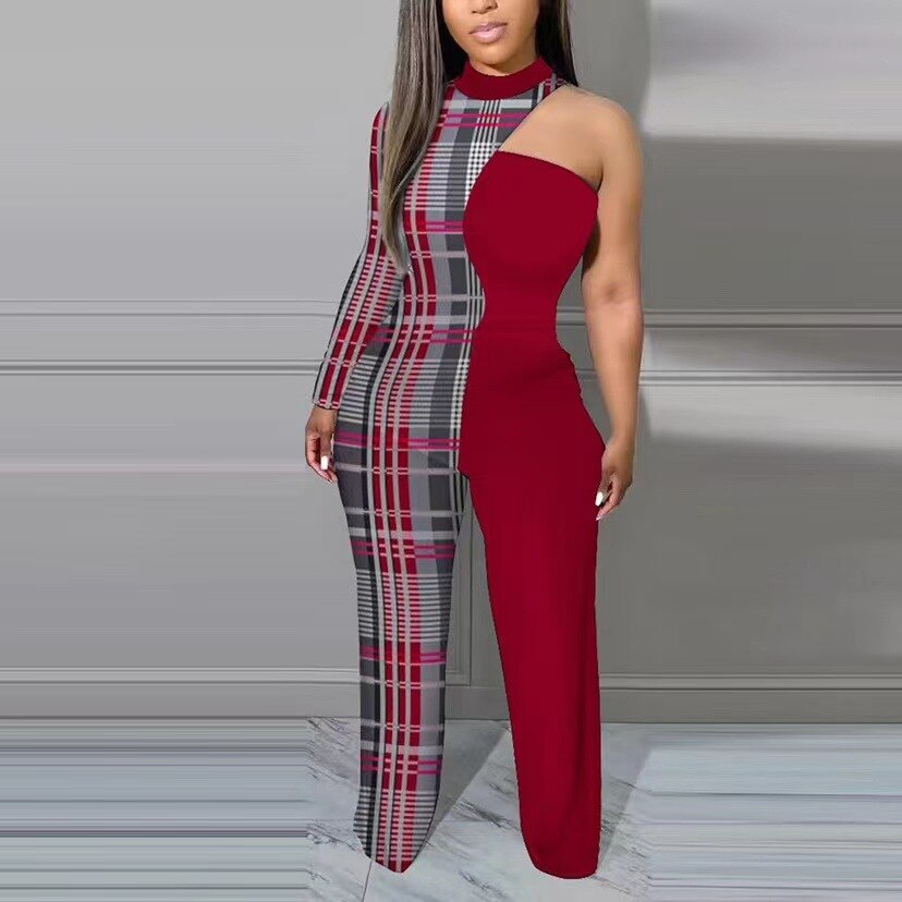 Autumn Fashion Color Contrast Print Jumpsuit Women Sexy Off Shoulder Single Sleeve Wide Leg Jumpsuit Women