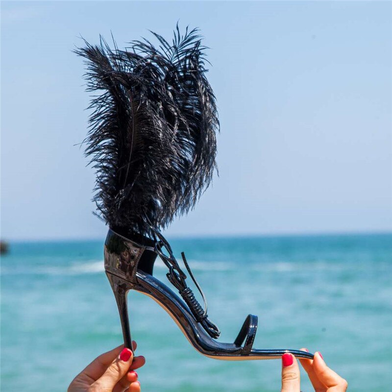 Feather Gladiator Sandals Women Fur Shoes Summer Cross-tied High-heeled Sandals Ostrich Hair Decor Thin High Heels Shoes 2023