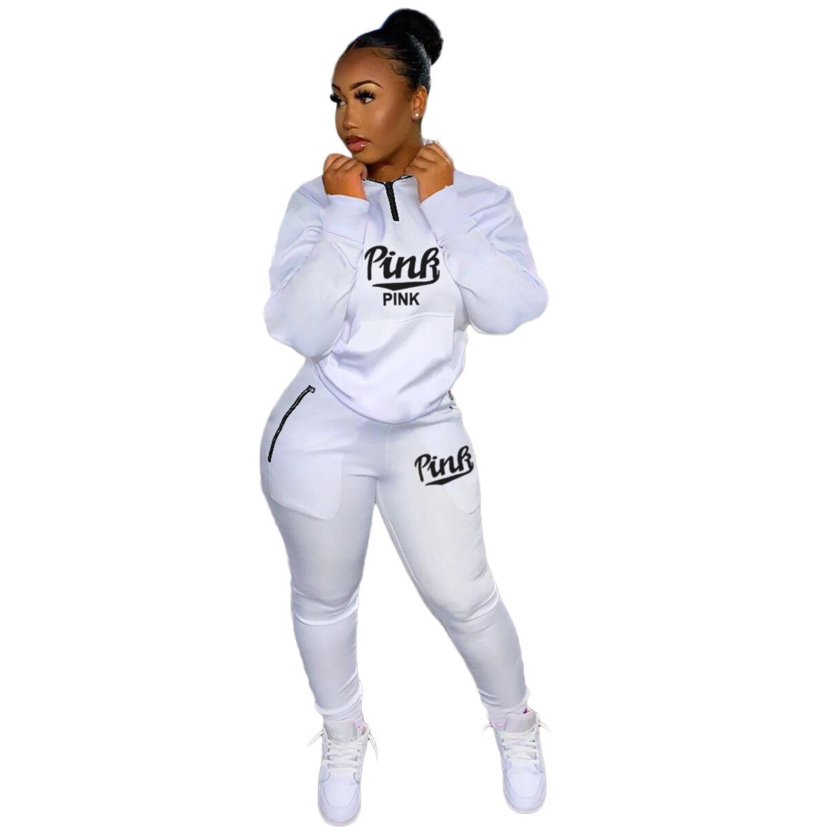 HLJ&amp;GG Winter Tracksuits Two Piece Sets Pink Letter Print Solid Casual Outfits Zip Sweatshirt + Pockets Pants Women Sweat Suits