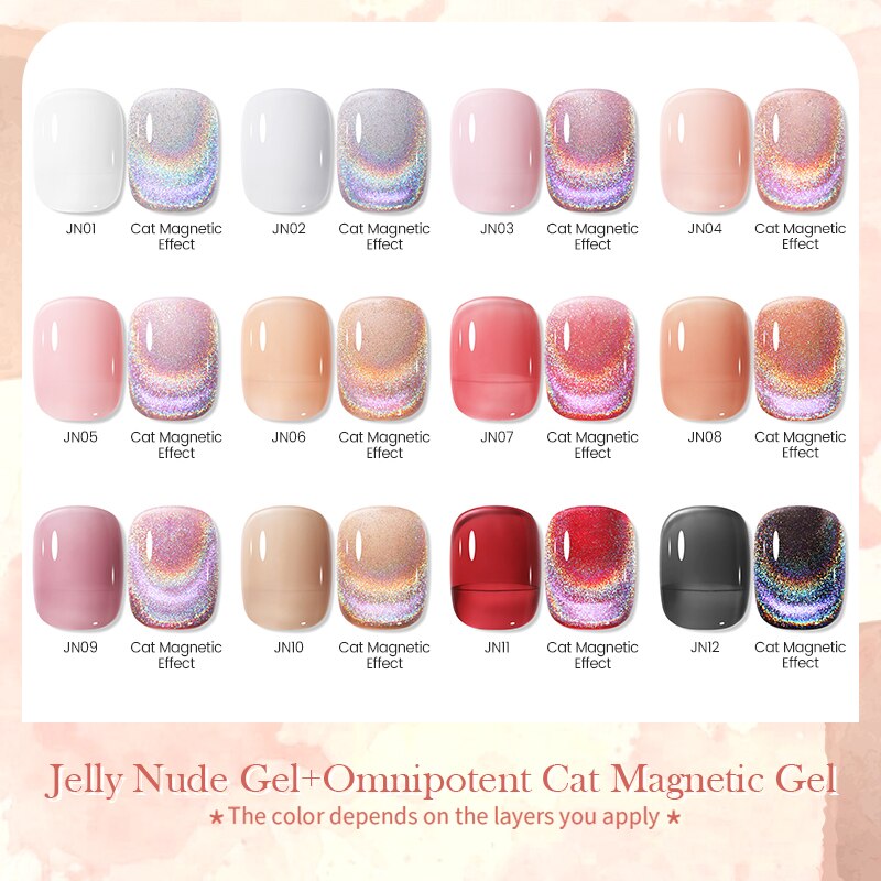 BORN PRETTY 10/12Pcs Gel Nail Polish Set 7ml Jelly Nude Gel &amp; Rainbow Cat Magnetic Gel Polish for Nail Art Design Base Top Coat