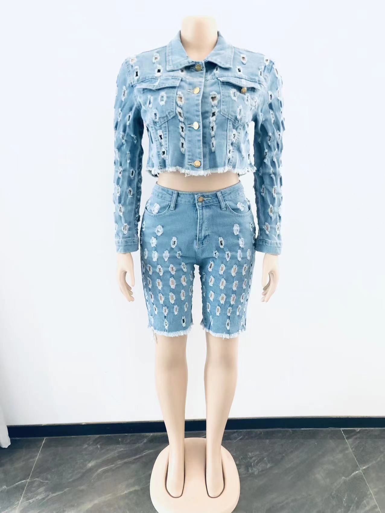 Women Denim Coats 2 Two Piece Set Casual Tracksuit Joggers Crop Jogging Suits Jackets Cargo Biker Short Pant Streetwear Outfits