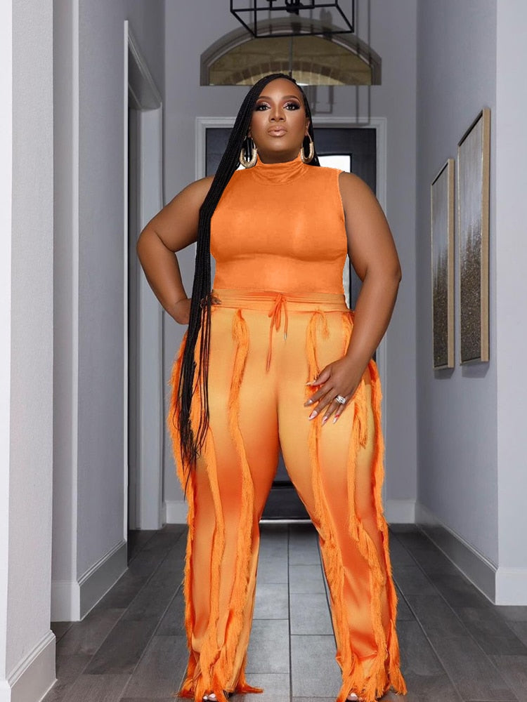 Large Size Matching Sets Ladies Sleeveless Top and Pants Tassel Womens Two Peice Sets Plus Size Summer Outfits Free Shipping