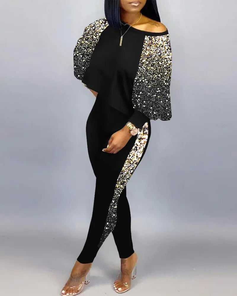 Spring Fashion Print Two Piece Set Women's Diagonal Neck Long Sleeve Casual T-shirt Tights Slim Two Piece Set Women