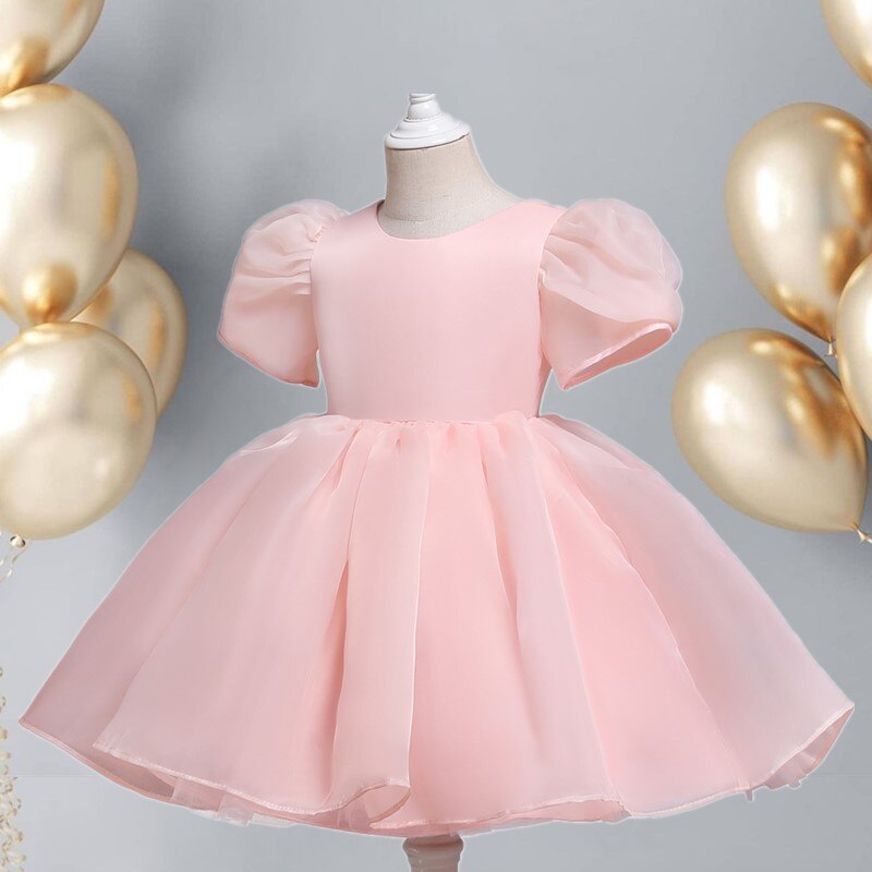 Girls Wedding Puff Sleeve Princess Costume 2023 Fashion Pink Elegant Ball Gown Dresses 3-8 Yrs Kids Vestido For Birthday Party