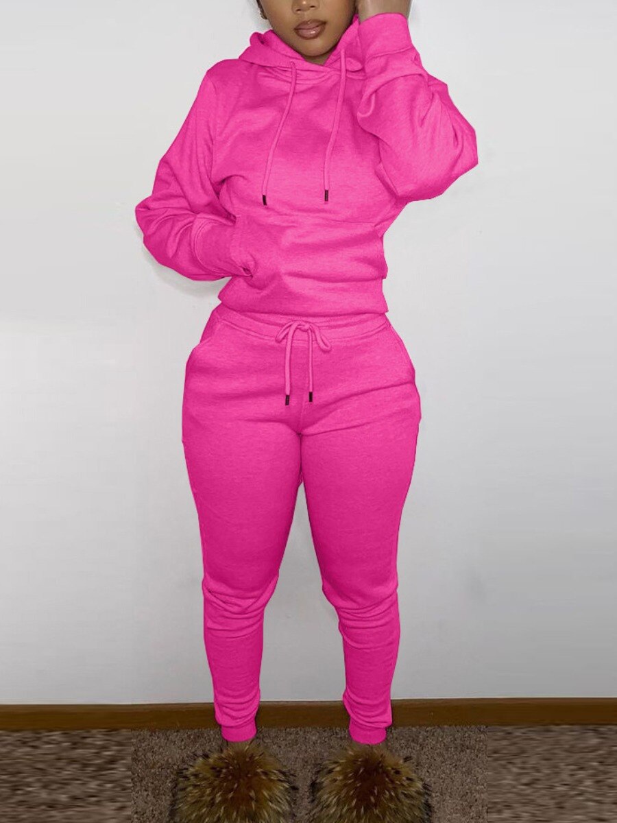 LW BASICS Hooded Collar Drawstring Tracksuit Set Two piece sets womens outifits Long Sleeve Lace-up Hooded Collar women sportswe