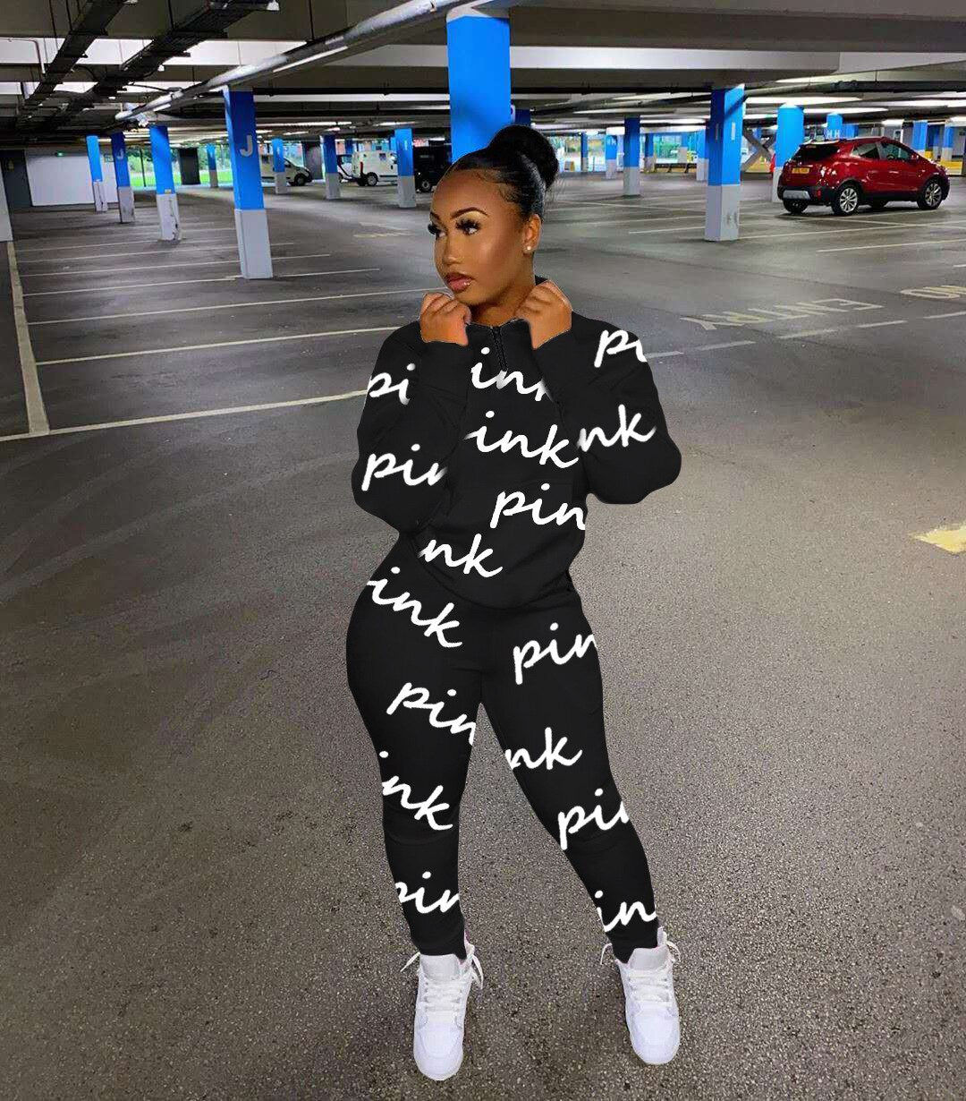 HLJ&amp;GG Winter Tracksuits Two Piece Sets Pink Letter Print Solid Casual Outfits Zip Sweatshirt + Pockets Pants Women Sweat Suits