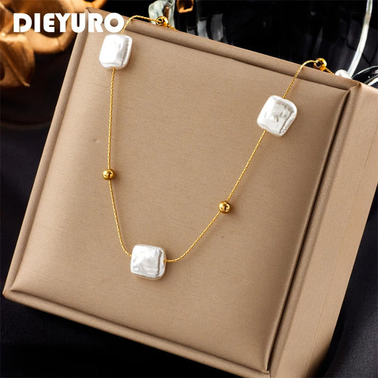 DIEYURO 316L Stainless Steel Square Large Pearl Pendant Necklace For Women New Fashion Girls Clavicle Chain Party Jewelry Gift