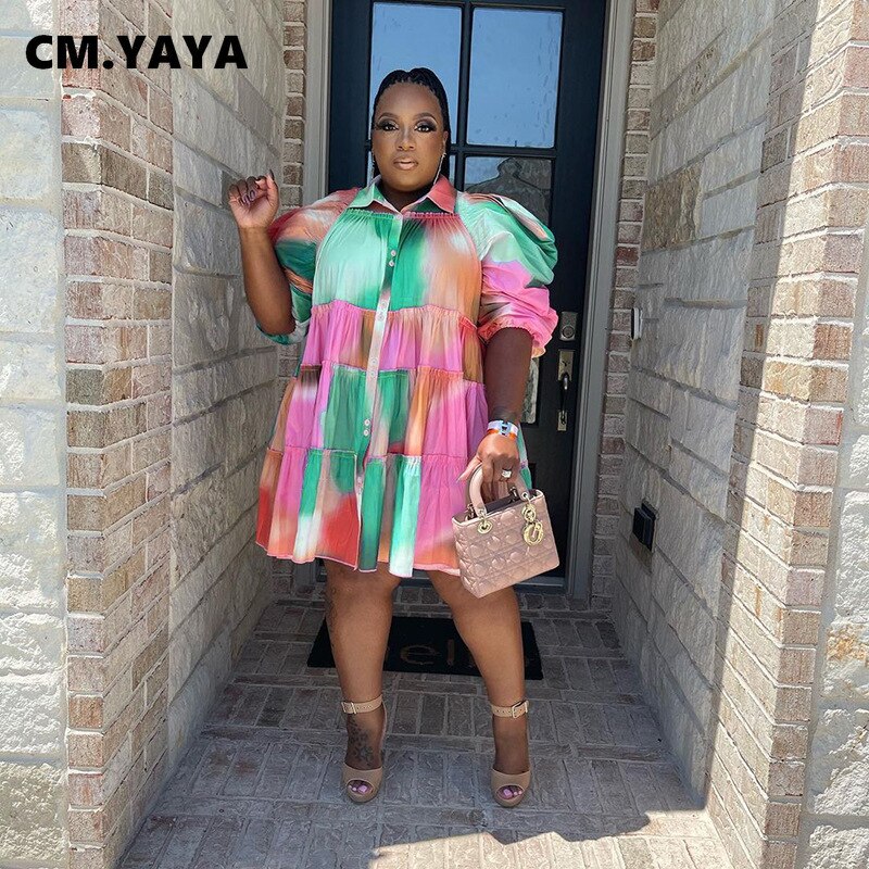 CM.YAYA Elegant Women Graffiti Cape Stye Big Swing Loose Smock Dress Plus Size Curve Chic Single Breasted Shirt Blouse Dresses