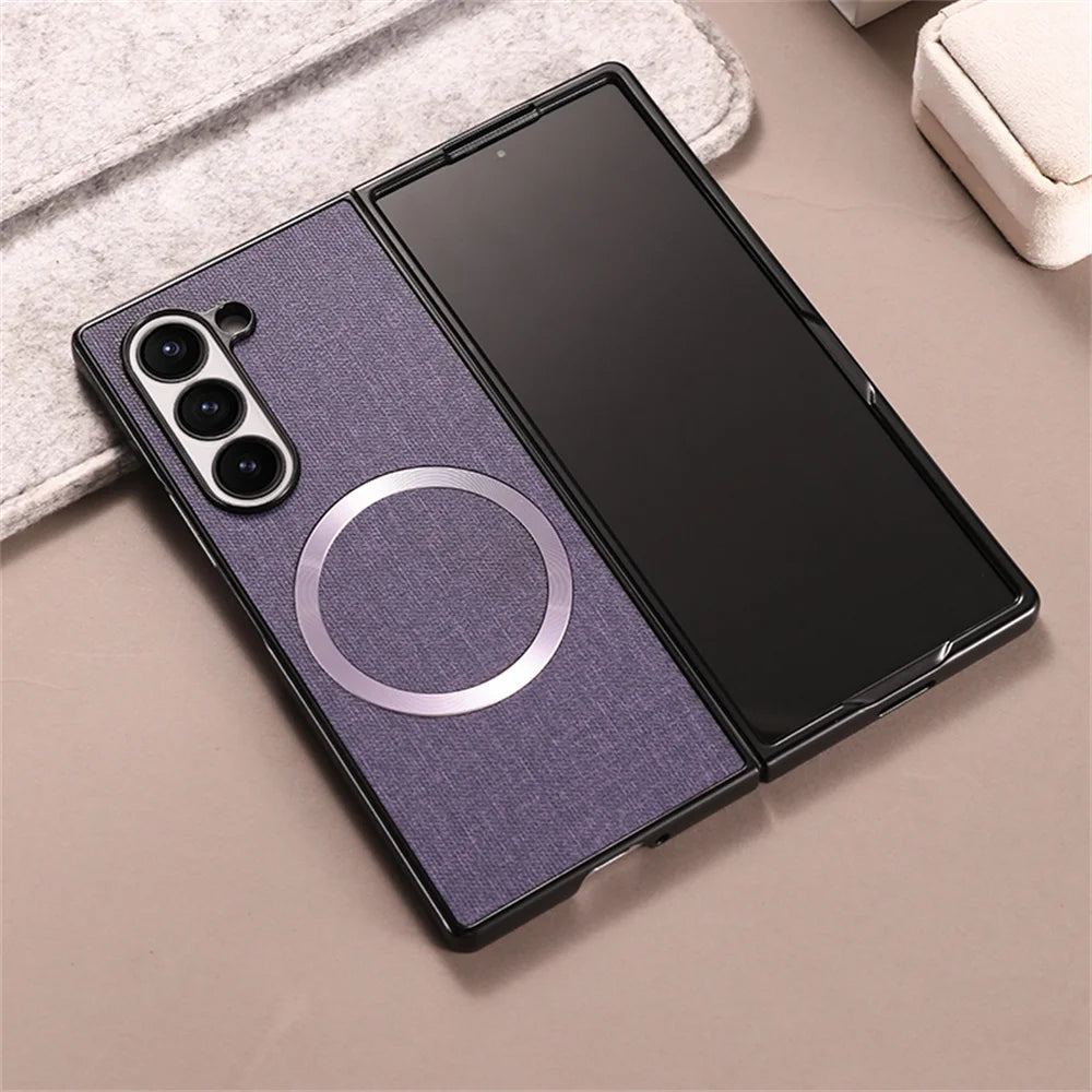 Luxury Fabric Cloth for Magsafe Case for Samsung Galaxy Z Fold 6 5 4 3 Magnetic Wireless Charging Ultra Slim Shockproof Cover