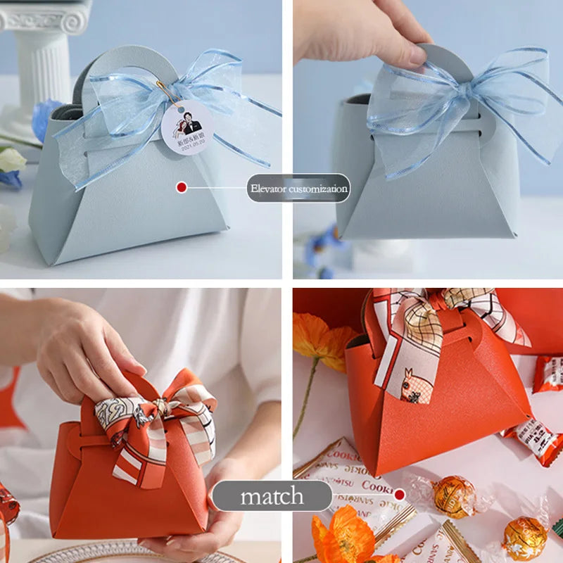 10/20PCS Leather Gift Bags Bow Ribbon Packaging Bag Wedding Favour Distributions Bags Christmas Candy Packaging Box Mini Handbag