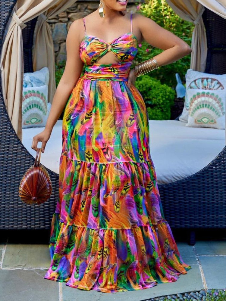 Elegant Sling Plus Size Dress Sexy Printing Fashion Backless Boho Beach Mixi Dress Robe Femme Ete Leisure Vacation Vestidos