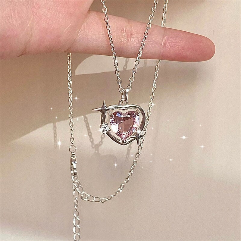 Fashion Peach Heart Water Drop Pendant Necklace Jewelry Pink Crystal Girl Sweet Cool Clavicle Chain Aesthetic Y2k Accessories