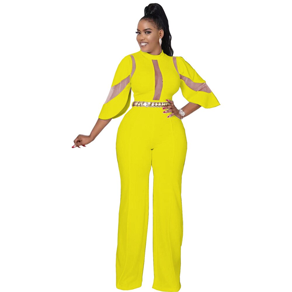 CM.YAYA Elegant Women Mesh Patchwork Irregular Sleeve High Waist Straight Jumpsuit Party INS Overall Wide Leg Straight Playsuit