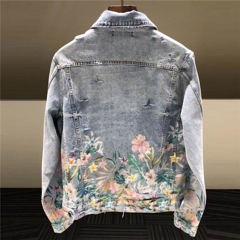 Abstract Art Floral Print Mens Jackets American Streetwear Casual Men's Denim Long Sleeve Jacket Top Denim Jacket Light Blue Men