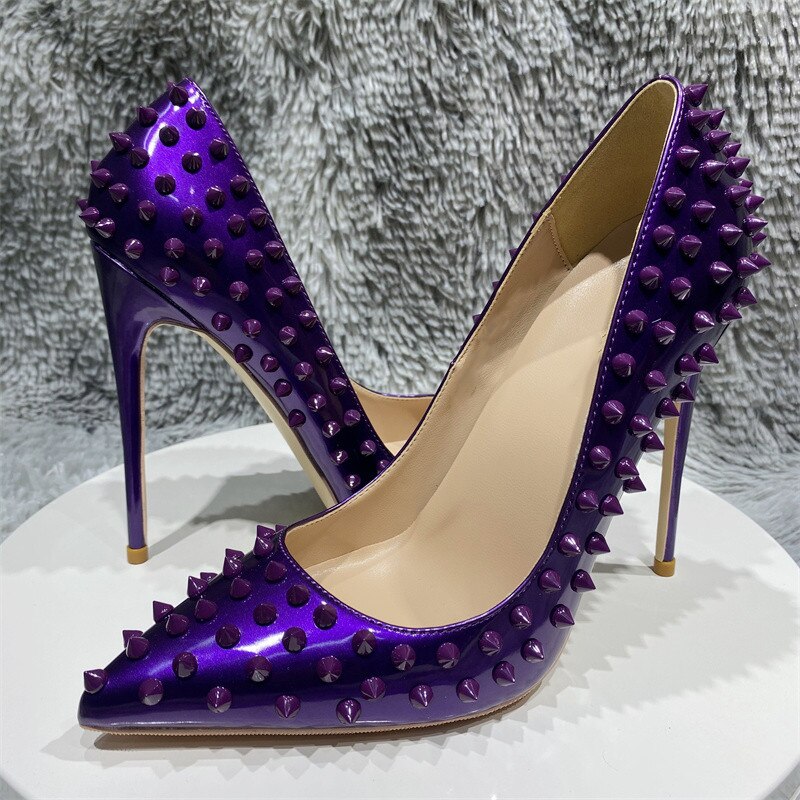Veowalk Glossy Dark Purple Women Sexy Pointy Toe Stiletto Pumps with Spikes 8cm 10cm 12cm High Heel Party Dress Shoes Customize