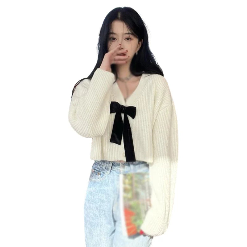Autumn Women's Kawaii Knit Cardigan Short Style Solid V-neck Long Sleeve Sweet Bow Decoration Sweater Fashion All-match Coat
