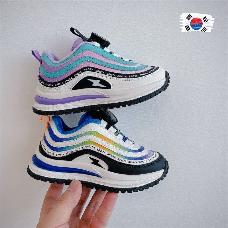 2022 Winter New Children's Shoes Boys' Knob Sports Cotton Shoes Korean Thickened Thermal Girl's Colorful Strips Sneakers