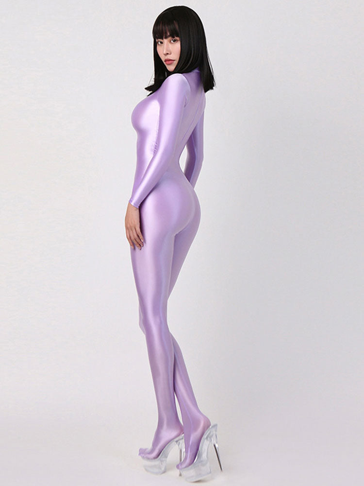 Women Oily Glossy Long Sleeve Elastic Bodysuit Bodycon Rompers One-piece Swimsuit Silky Tights Satin Pantyhose Jumpsuits Thong