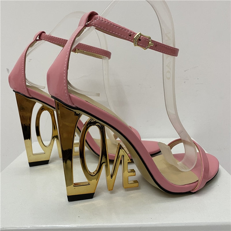 New Design Letter-Love Heel Gladiator Sandals Women Sexy One-strap Strange High Heels Fretwork Heel Summer Party Shoes