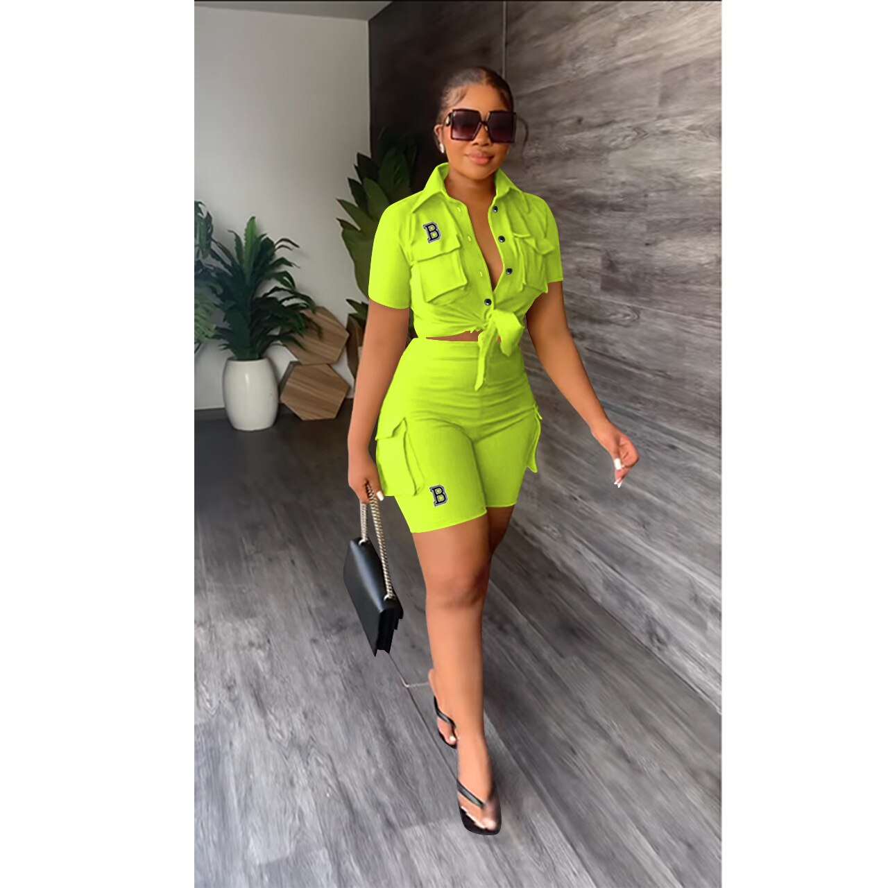 CM.YAYA Street Camouflage Women's Set Short Sleeve Pocket Front Shirt and Cargo Shorts Suit 2023 Two 2Piece Set Outfit Tracksuit