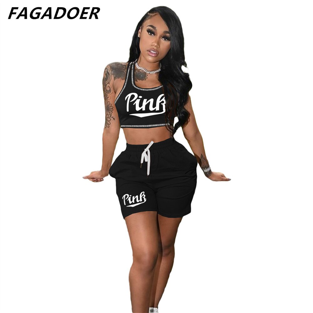 FAGADOER Summer Women Pink Letter Print Sleeveless Crop Top+Pencil Shorts Suit Two Piece Set Tracksuits Outfit Sporty Streetwear