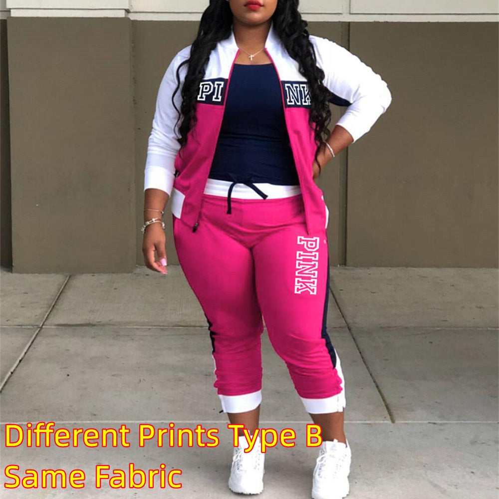 HLJ&amp;GG Casual Sporty Two Piece Sets Women Zipper Long Sleeve Top + Jogger Pants Tracksuits Spring PINK Letter Print 2pcs Outfits