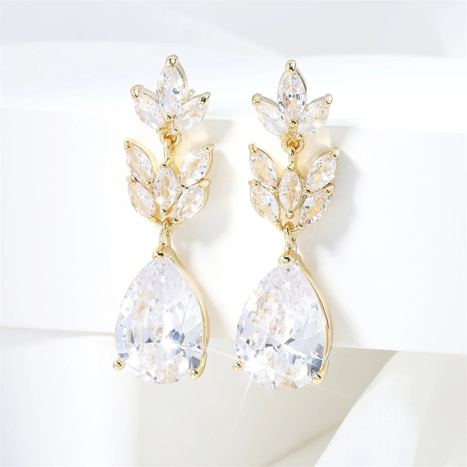 ZAKOL Hot Selling Romantic Water Drop Cubic Zircon Dangle Earrings for Women Fashion Leaf Bridal Wedding Jewelry EP012