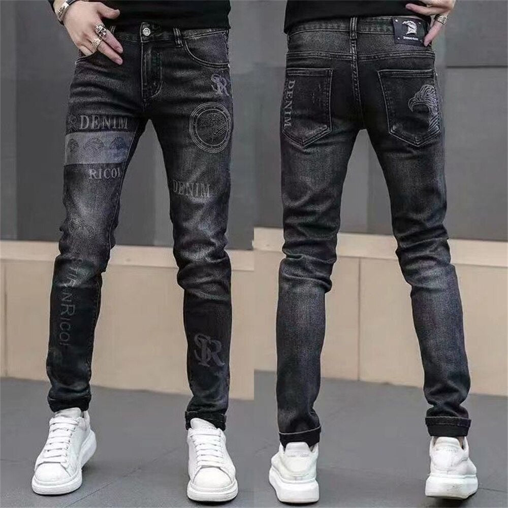 Mens stretch denim print pants jeans Korea slimming trendy casual jeans all-match light luxury men jeans pants for men