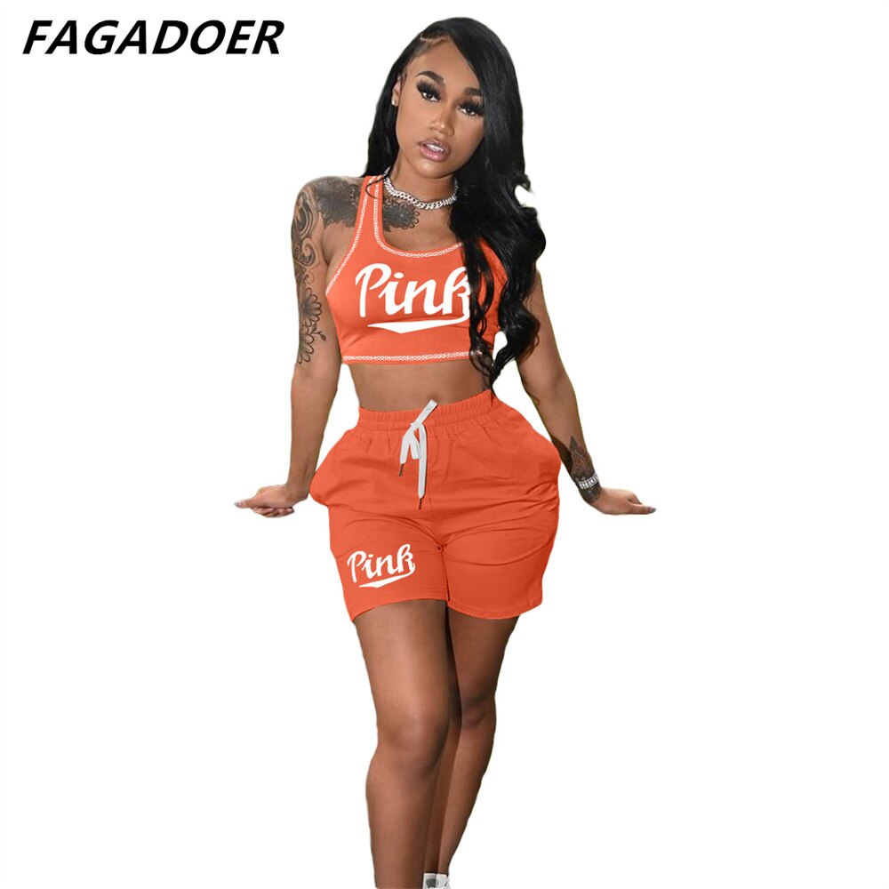 FAGADOER Summer Women Pink Letter Print Sleeveless Crop Top+Pencil Shorts Suit Two Piece Set Tracksuits Outfit Sporty Streetwear