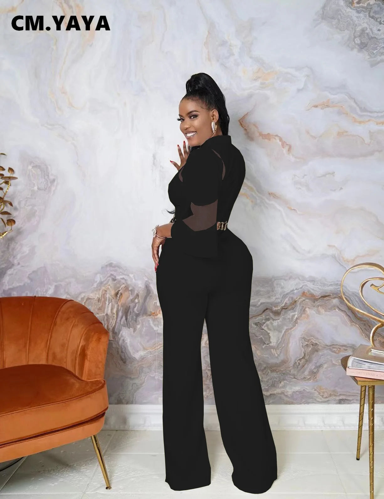 CM.YAYA Elegant Women Mesh Patchwork Irregular Sleeve High Waist Straight Jumpsuit Party INS Overall Wide Leg Straight Playsuit