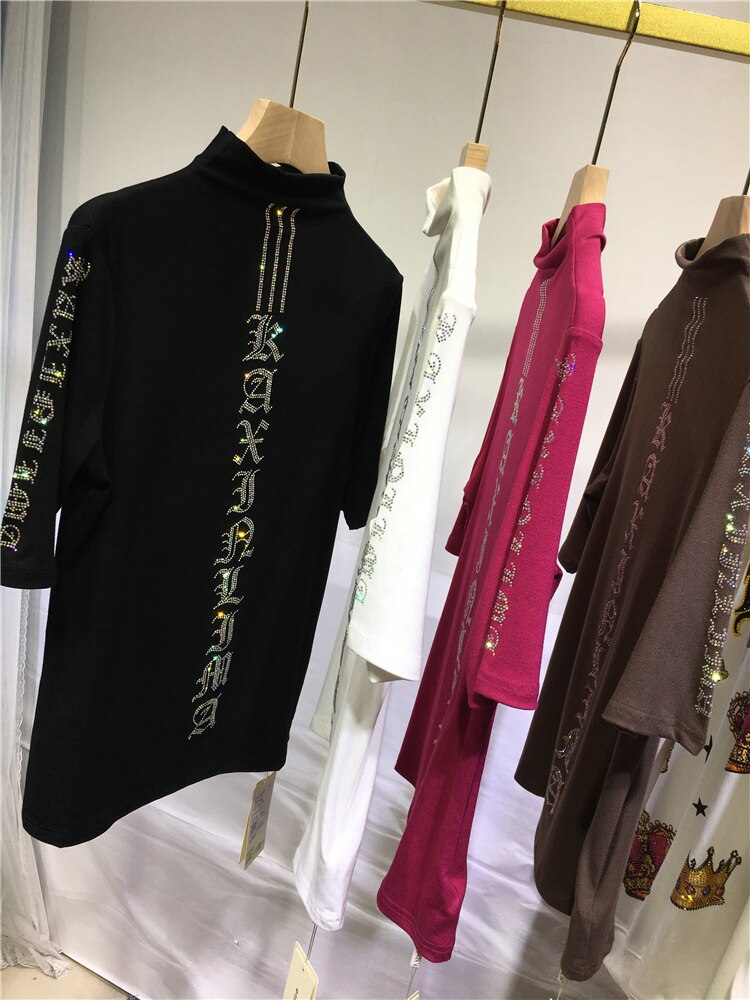 High Quality Hot Drilling Letter High Collar Bottoming Top Half Sleeve Skinny Autumn Black T-shirt All-match Streetwear Pullover