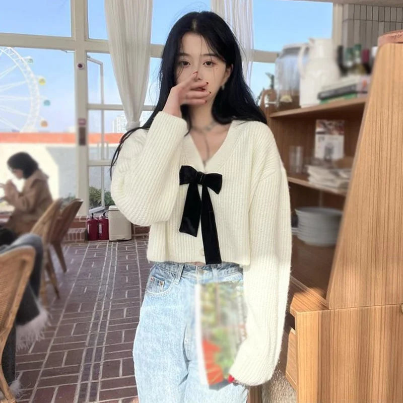 Autumn Women's Kawaii Knit Cardigan Short Style Solid V-neck Long Sleeve Sweet Bow Decoration Sweater Fashion All-match Coat