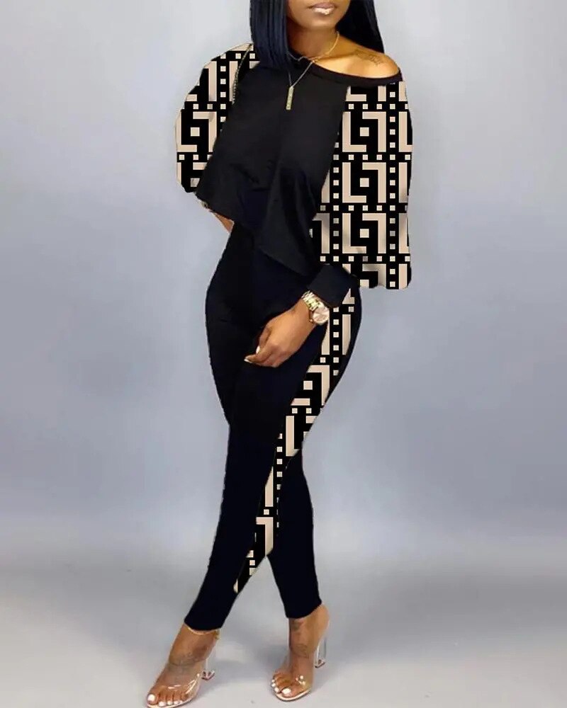Spring Fashion Print Two Piece Set Women's Diagonal Neck Long Sleeve Casual T-shirt Tights Slim Two Piece Set Women