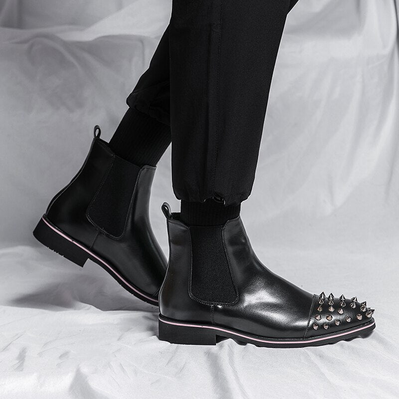 New Black Rivet Chelsea Boots for Men Round Toe Slip-On Punk Handmade Men Ankle Boots Free Shipping Bottes Pour Hommes