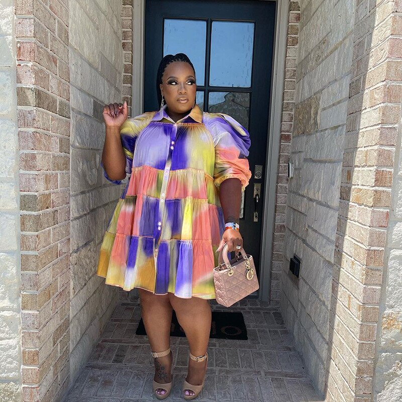 CM.YAYA Elegant Women Graffiti Cape Stye Big Swing Loose Smock Dress Plus Size Curve Chic Single Breasted Shirt Blouse Dresses