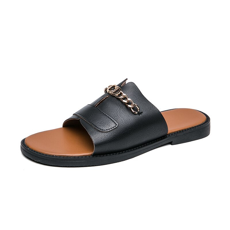 New Sandals Men Shoes PU Solid Color Fashion Casual Beach Pool Daily One Word Open Toe Metal Chain Comfortable Slippers CP169