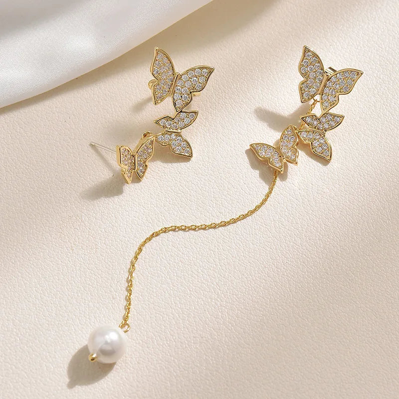 Korean Elegant Cute Rhinestone Butterfly Tassel Earrings For Women Girls Fashion Metal Chain Boucle D'oreille y2k Jewelry Gifts