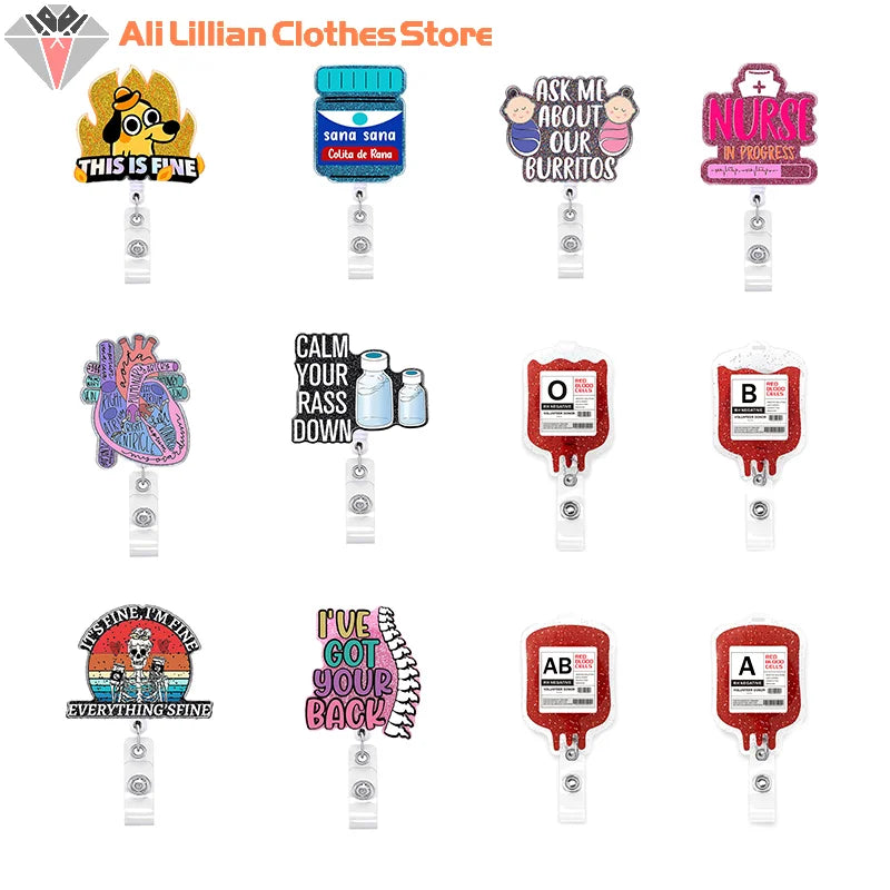 Acrylic Glitter Blood Bags Organ Retractable Badge Keychain Metal Clip Nurse Name ID Card Holder For Doctor Nurse Accessories